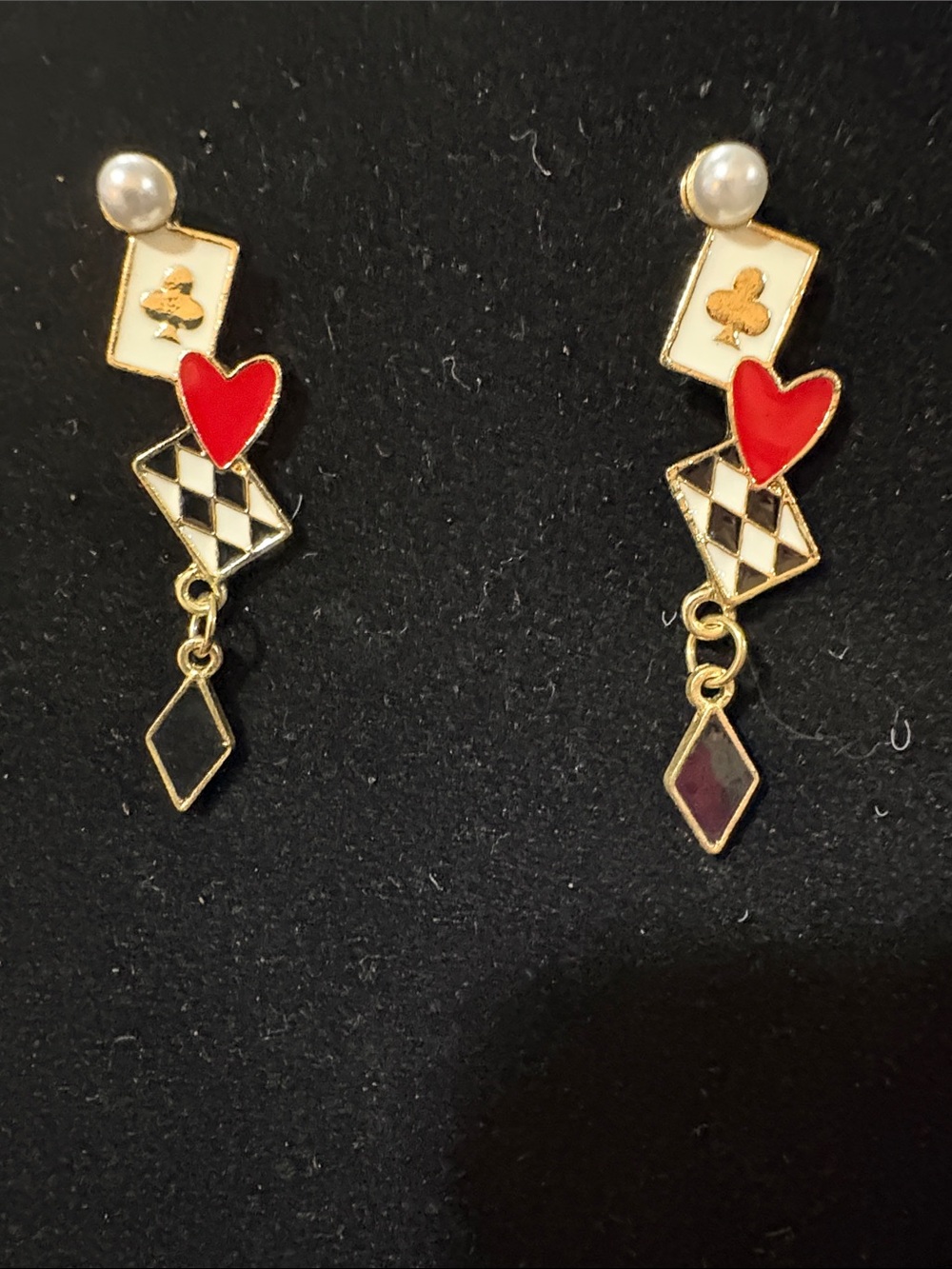 Gold-Tone Card Suit Drop Earrings with Red Hearts